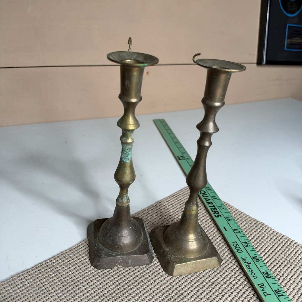 Vintage Solid Brass Candlestick Holders Pair Square Base Made in India 8.5 Inch